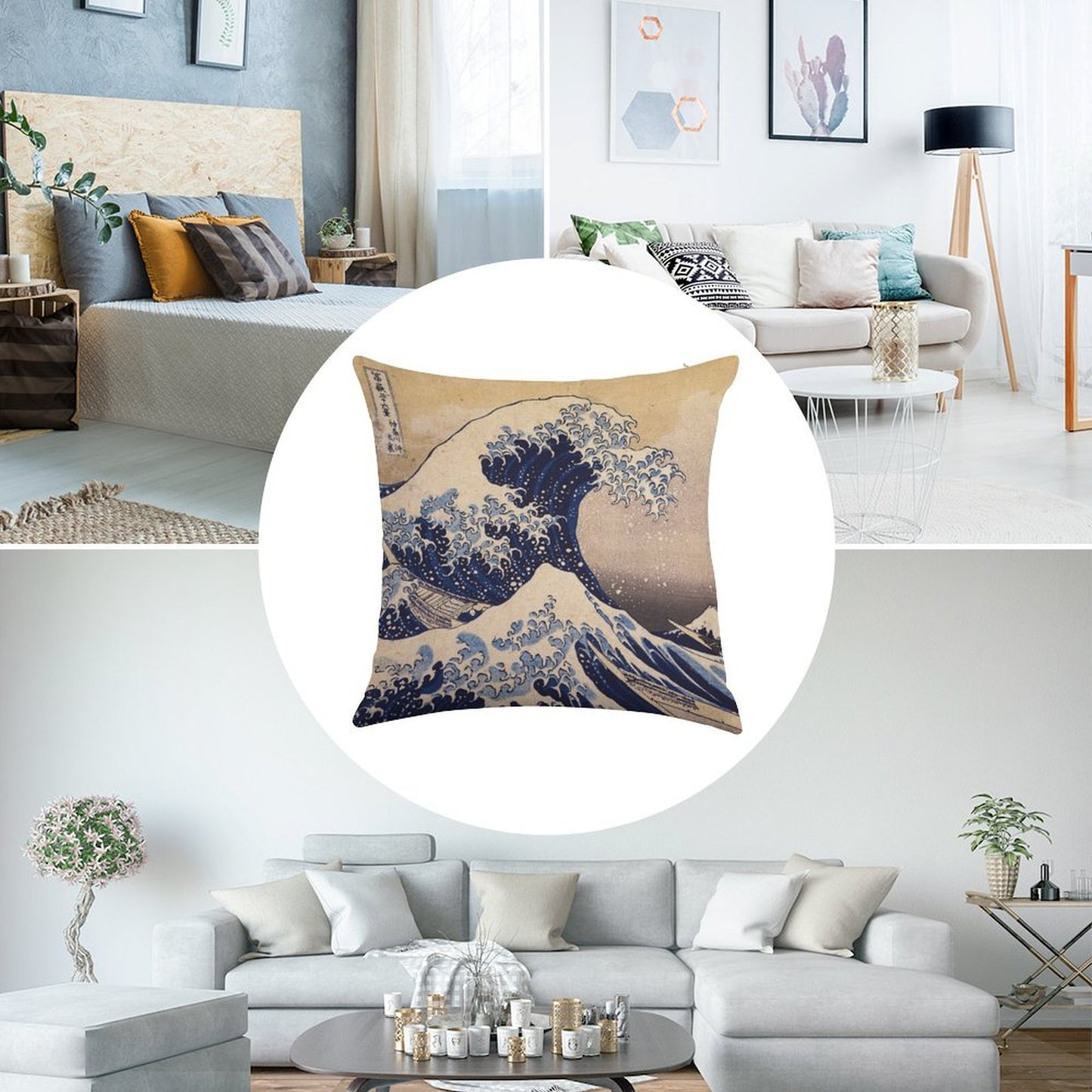 The Great Wave Off Kanagawa by Katsushika Hokusai (c 1830-1833) Linen Throw Pillow Cover