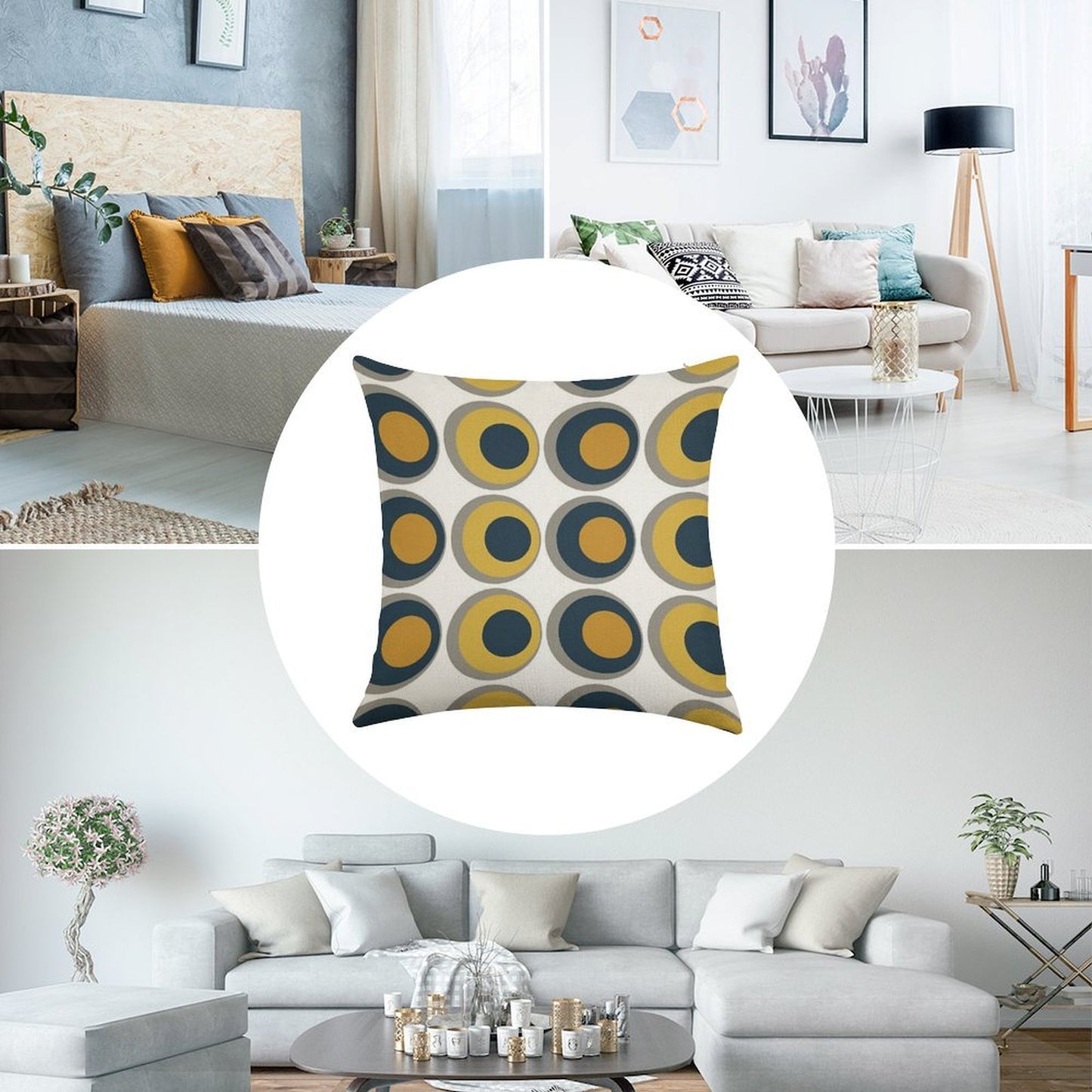 Double Dots Retro Pattern in Light And Dark Mustard Yellow, Navy Blue, Grey, And White Linen Throw Pillow Cover