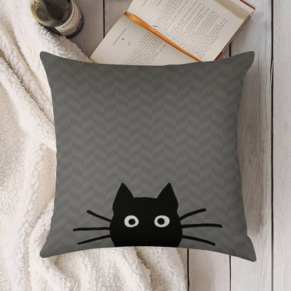 Black Cat Face Linen Throw Pillow Cover