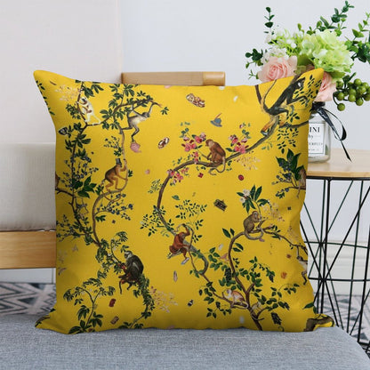 Monkey World Yellow Linen Throw Pillow Cover