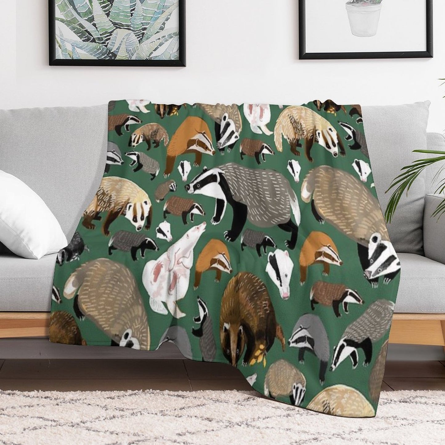 Eurasian Badgers Pattern Green Throw Blanket