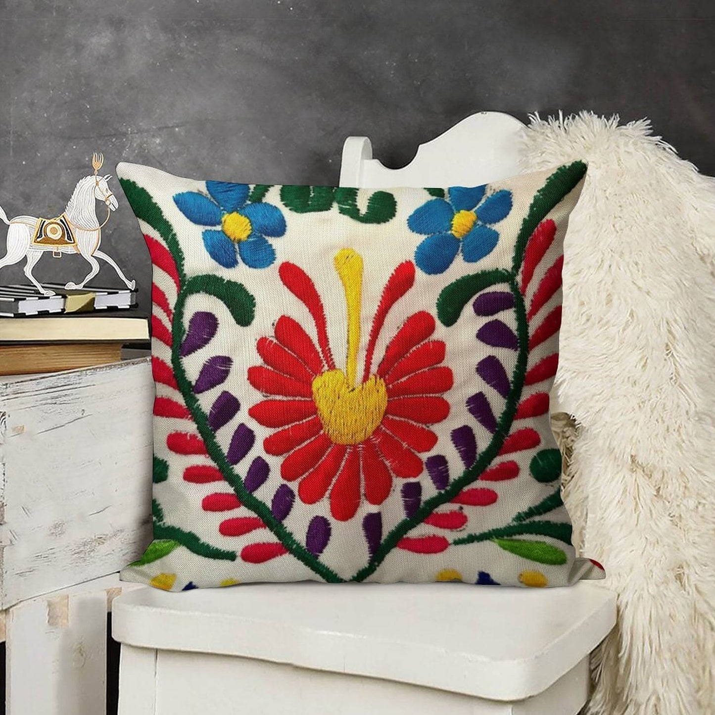 Mexican Flowers Linen Throw Pillow Cover