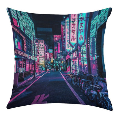 Tokyo - A Neon Wonderland Linen Throw Pillow Cover