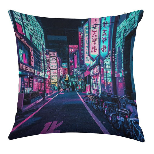 Tokyo - A Neon Wonderland Linen Throw Pillow Cover