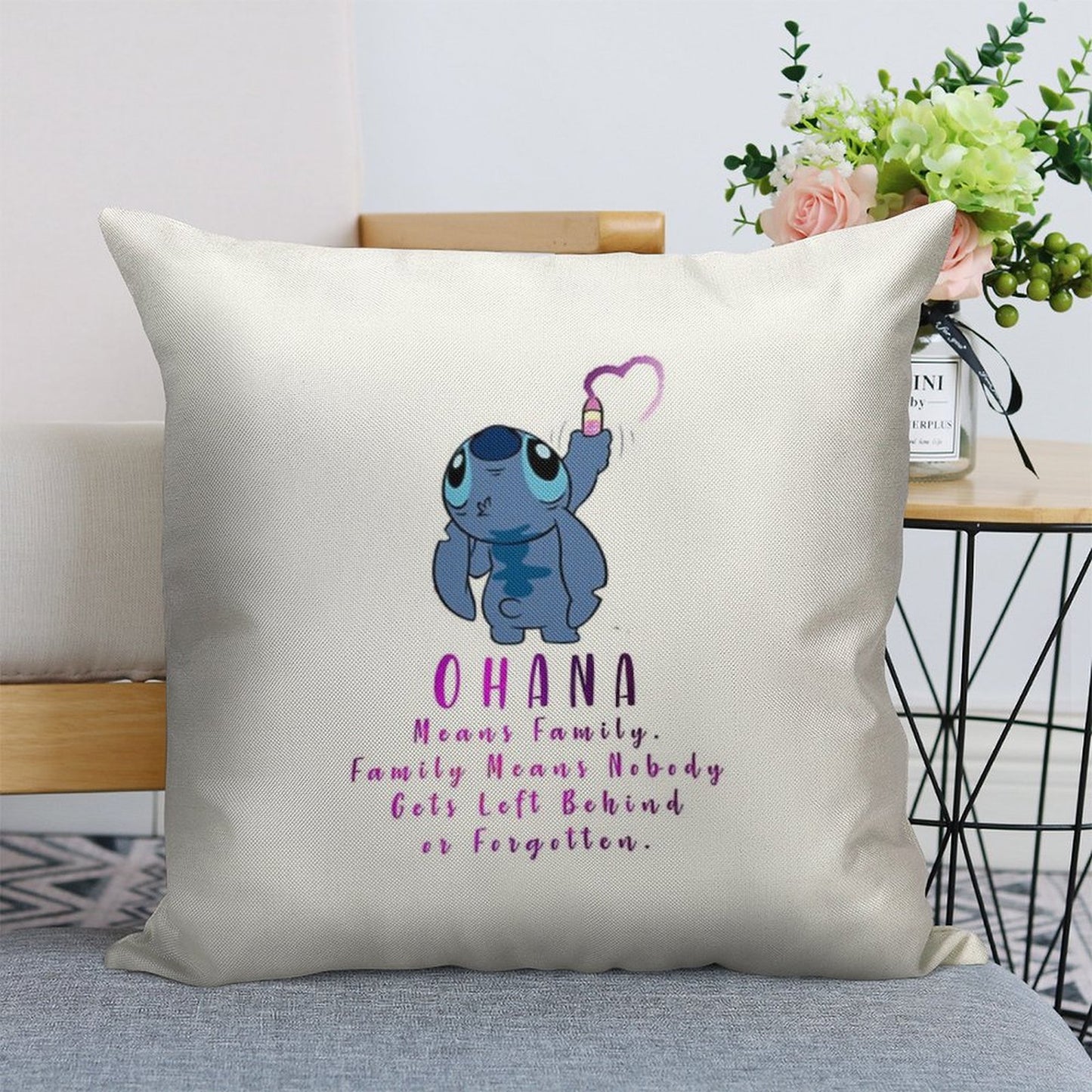 Lilo And Stitch Ohana Linen Throw Pillow Cover