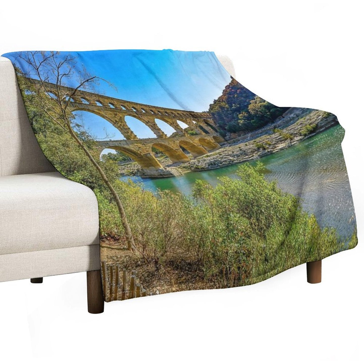 Roman Aqueduct Ruins, Pont Du Gard, Provence, France Color Photograph  Photography Throw Blanket