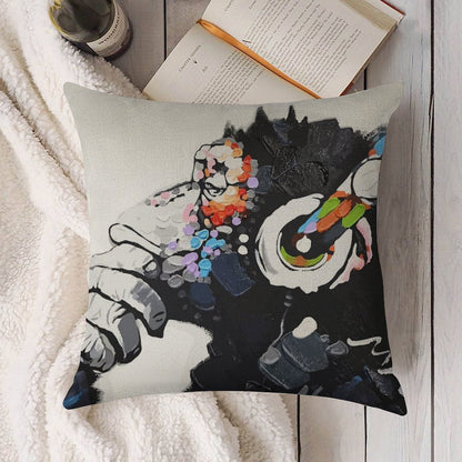 Banksy DJ Monkey Thinker with Headphones White Linen Throw Pillow Cover