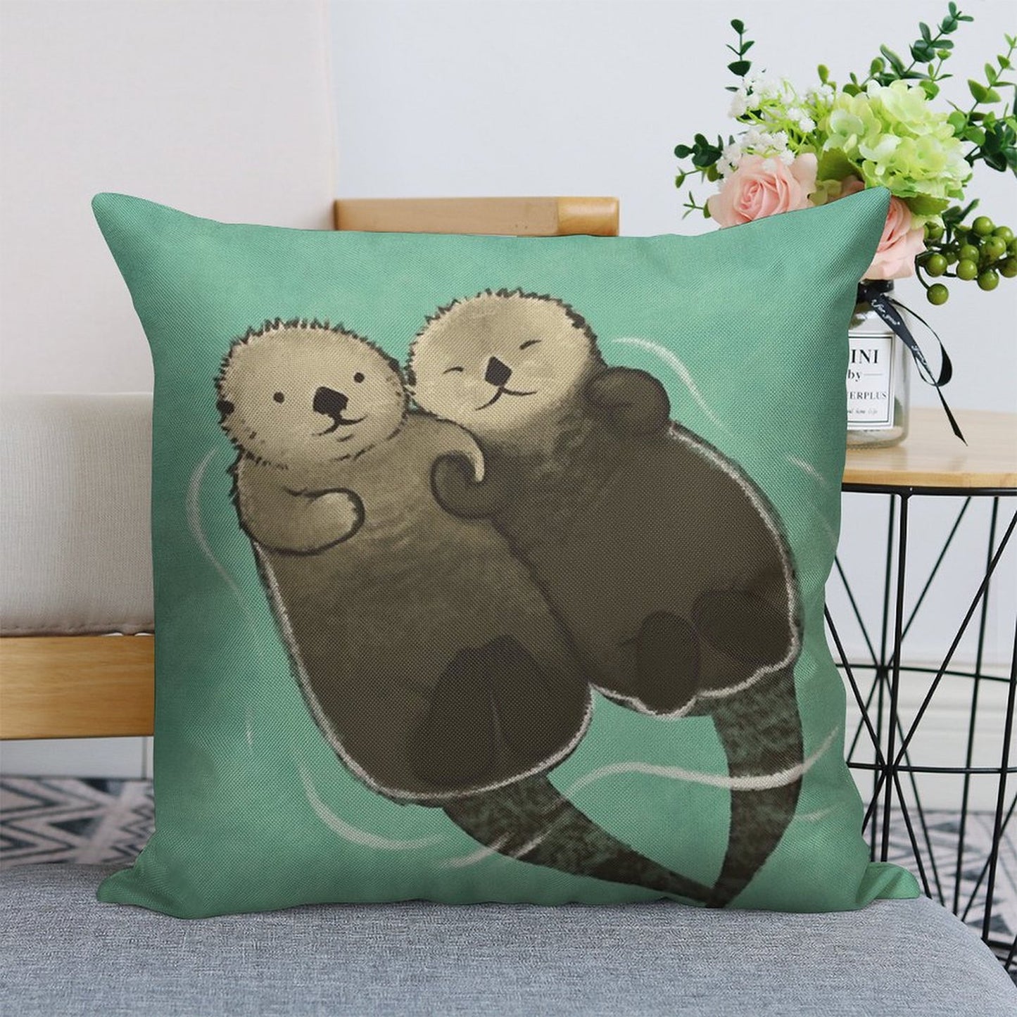 Significant Otters - Otters Holding Hands Linen Throw Pillow Cover