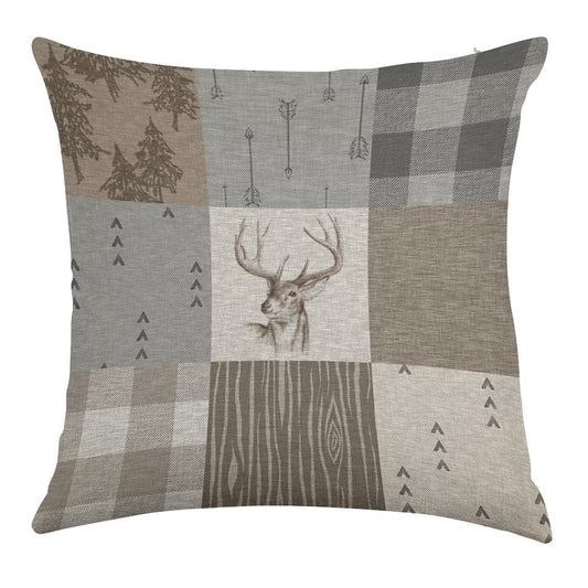 Deer Patchwork - Rustic Neutrals Linen Throw Pillow Cover