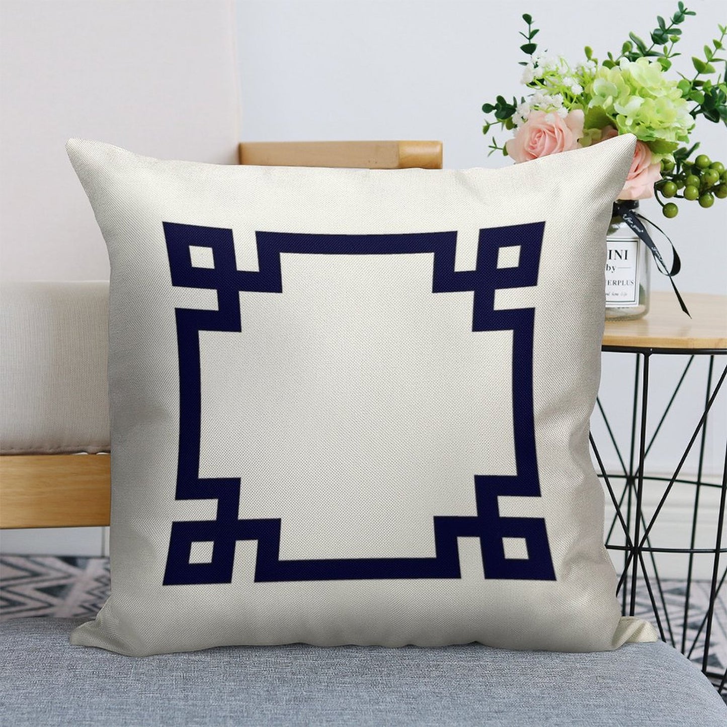 Navy Blue Greek Key Square On White Linen Throw Pillow Cover