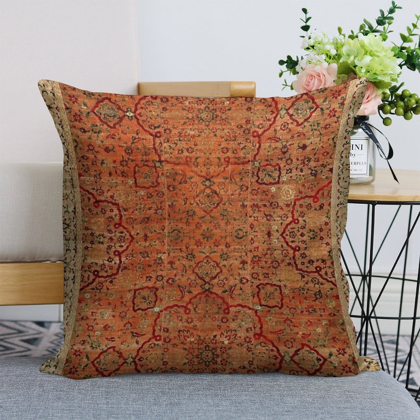 17th Century Velvet And Silk Carpet Print Linen Throw Pillow Cover