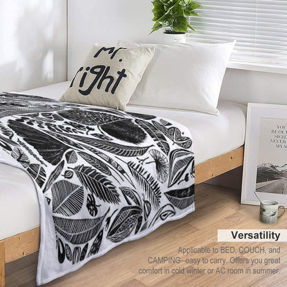 Mixed Leaves, Lino Cut Printed Nature Inspired Hand Printed Pattern Throw Blanket