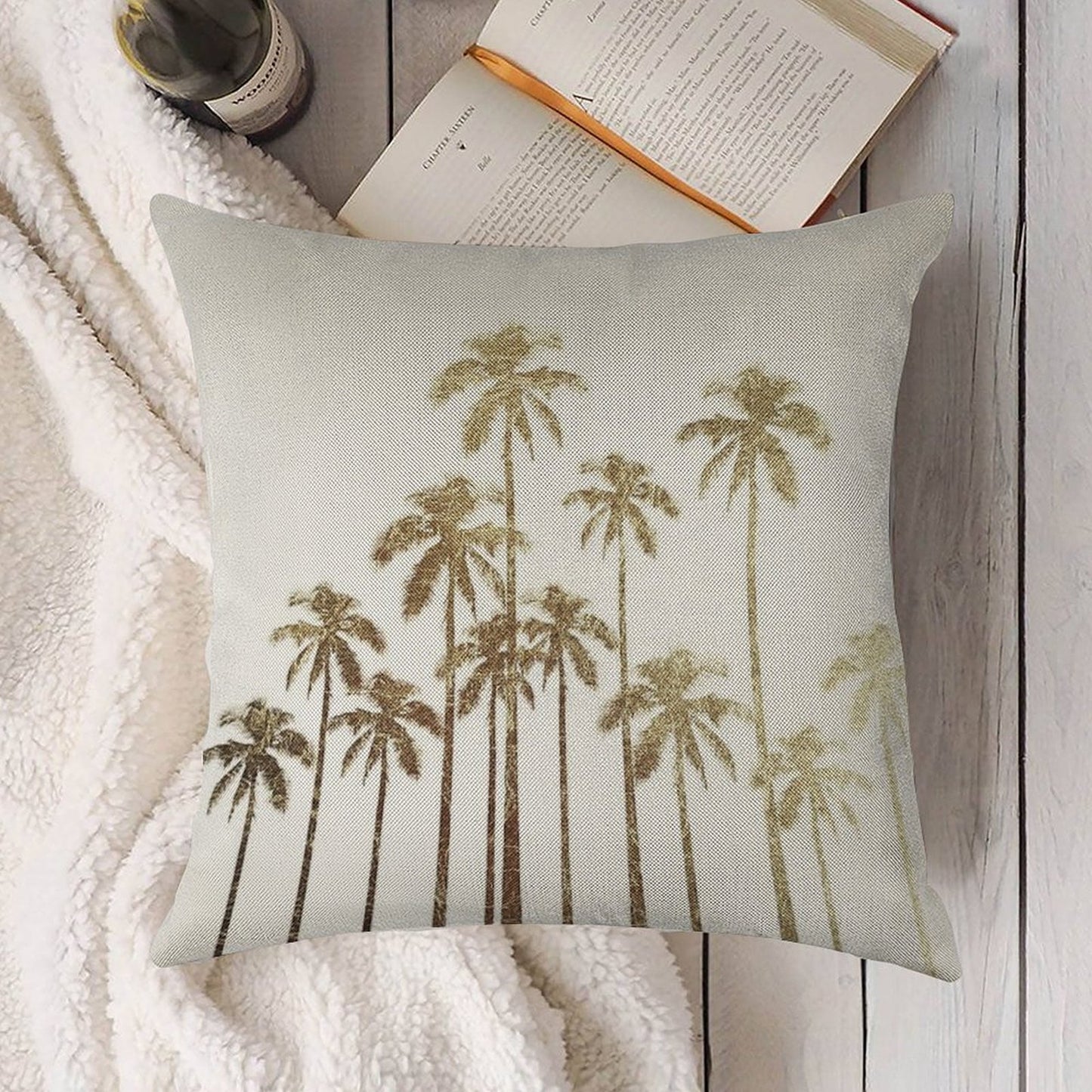 Glamorous Gold Tropical Palm Trees on White Linen Throw Pillow Cover