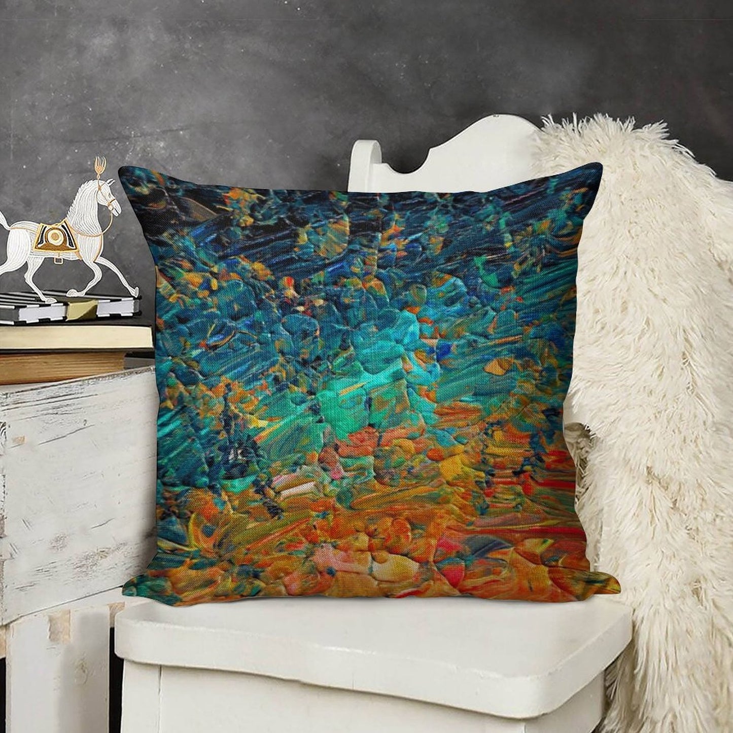 ETERNAL TIDE 2 Bold Rainbow Colorful Deep BlueTurquoise Aqua Orange Yellow Ombre Waves Abstract Acrylic Painting Linen Throw Pillow Cover
