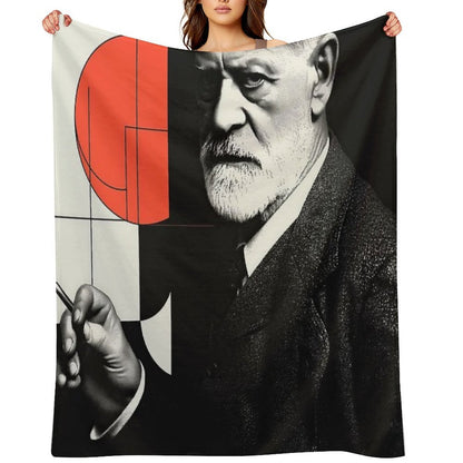 Psychoanalysis Portrait Art – Freud with Abstract Red Geometry Throw Blanket