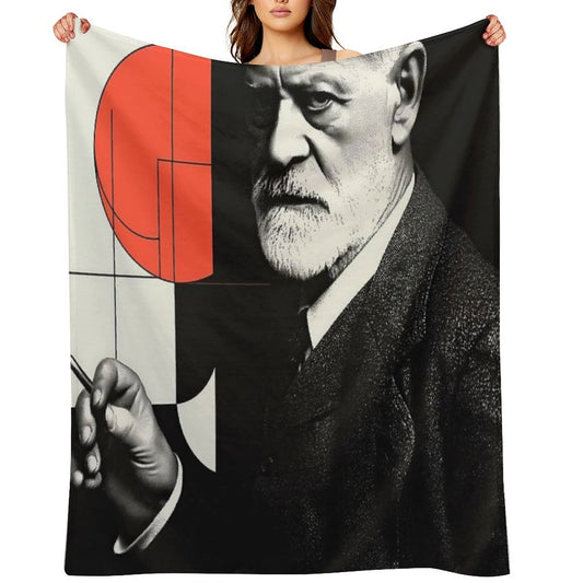 Psychoanalysis Portrait Art – Freud with Abstract Red Geometry Throw Blanket