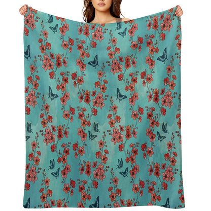 Sakura Butterflies in Turquoise Throw Blanket