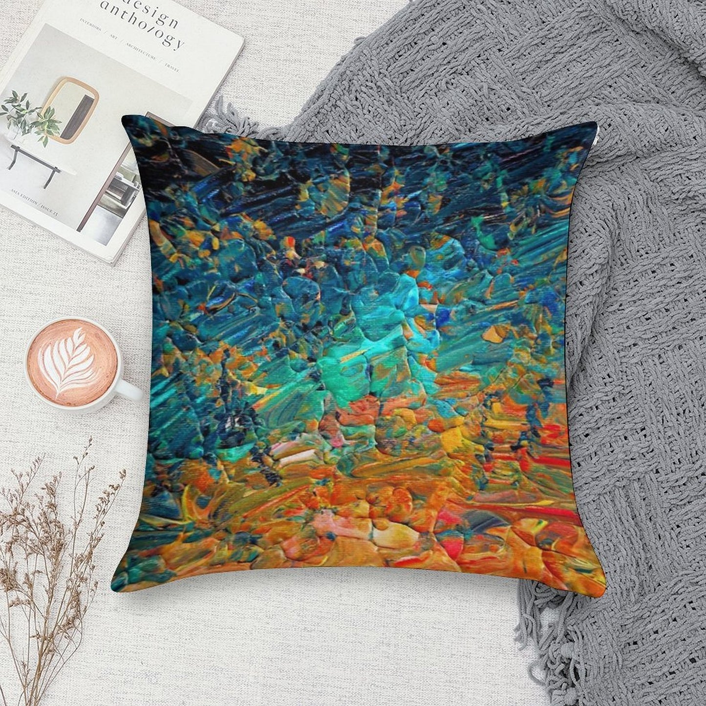 ETERNAL TIDE 2 Bold Rainbow Colorful Deep BlueTurquoise Aqua Orange Yellow Ombre Waves Abstract Acrylic Painting Soft High-Density Material Throw Pillow