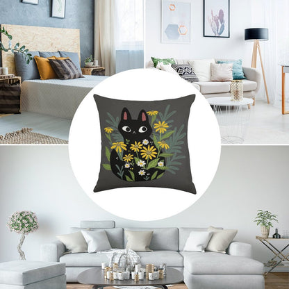 Black Cat with Flowers Linen Throw Pillow Cover