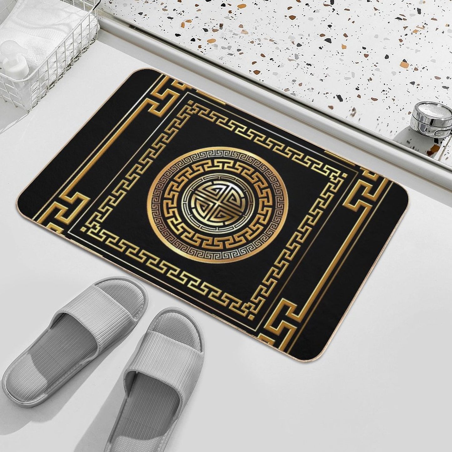 Greek Key Meander Black Gold Large Bath Mat
