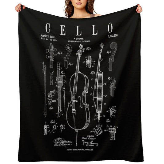 Cello Vintage Patent Cellist Drawing Print Throw Blanket