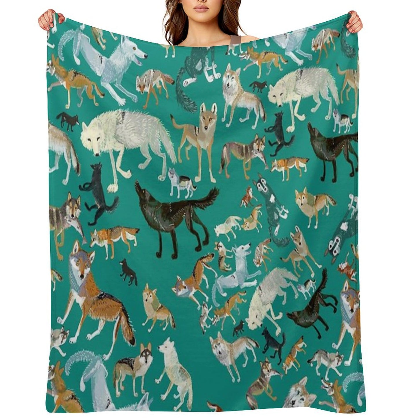 Wolves of The World (Green Pattern) Throw Blanket