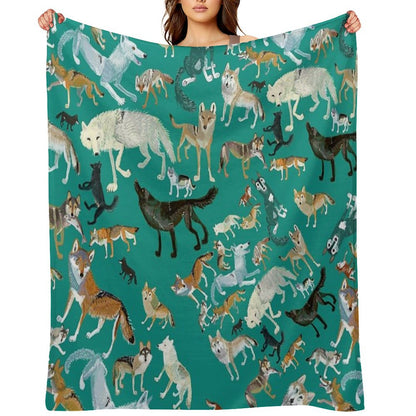 Wolves of The World (Green Pattern) Throw Blanket