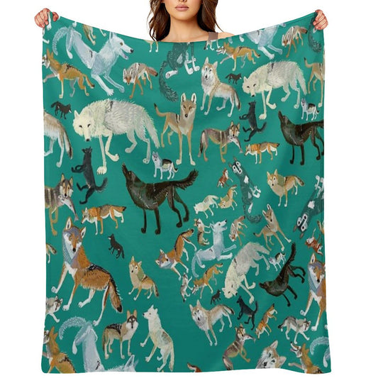 Wolves of The World (Green Pattern) Throw Blanket