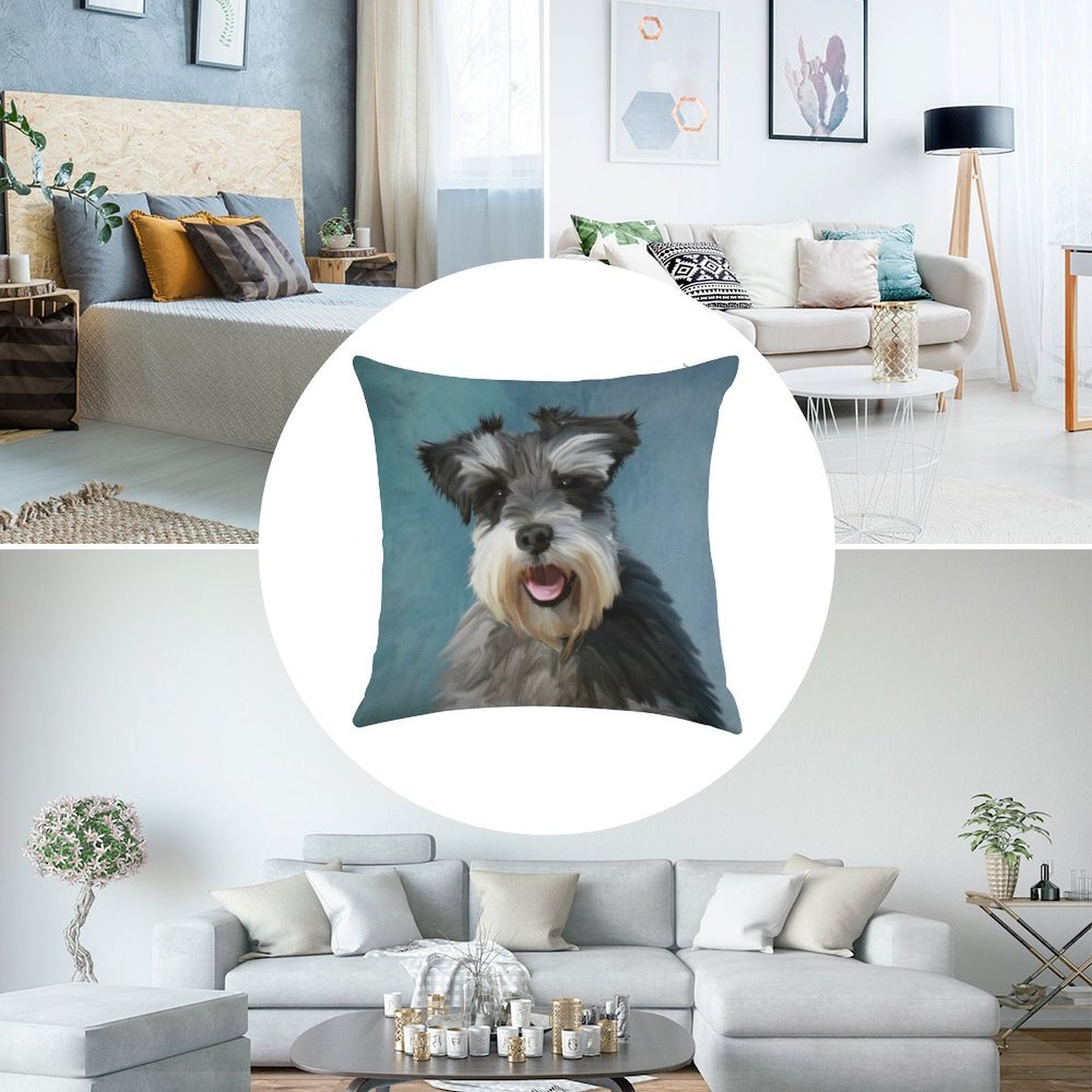Miniature Schnauzer Dog Water Color Art Painting Linen Throw Pillow Cover