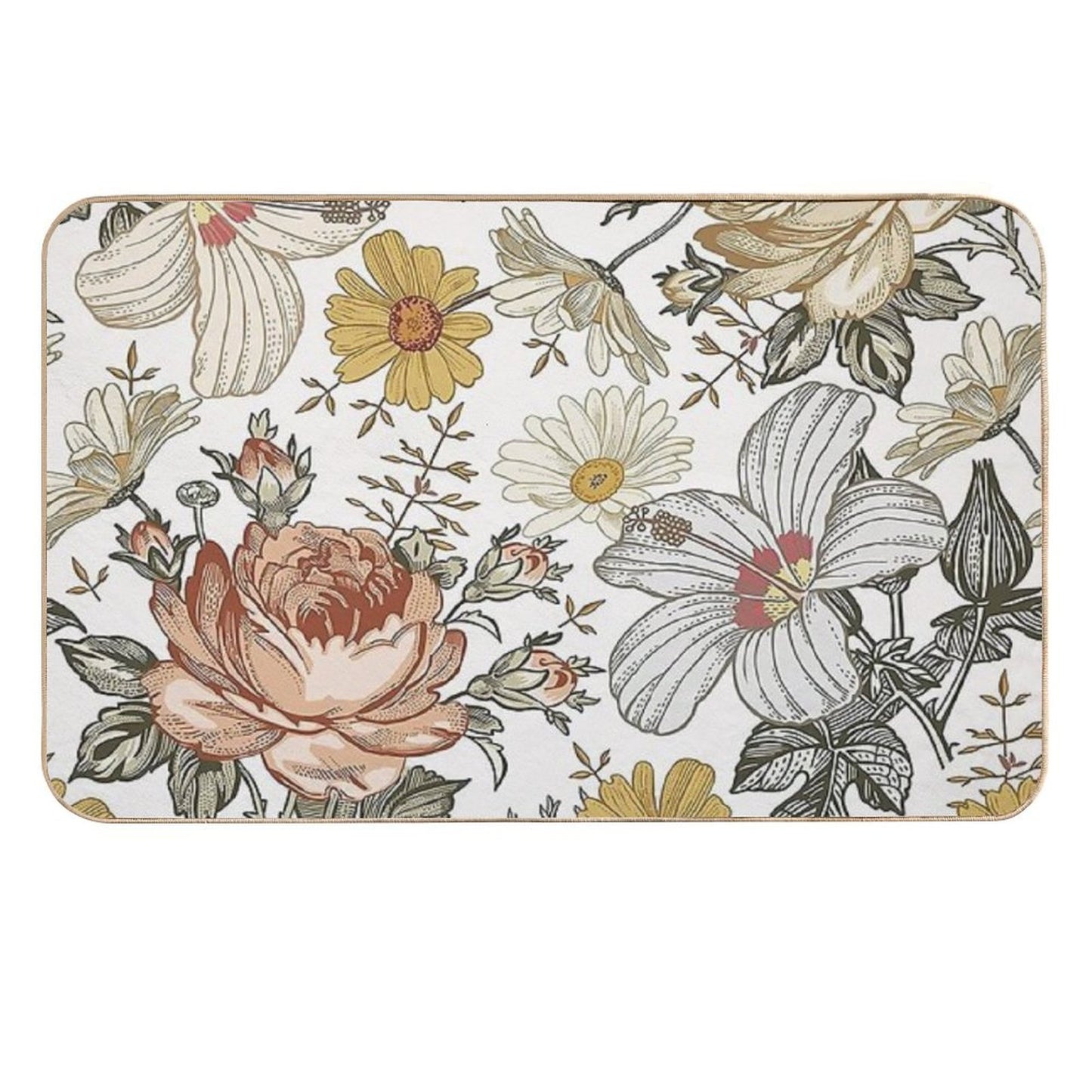 Blooming Beige Multicolor Peony Daisy Floreal Pattern  Absorbent Bath Mat