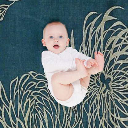 Japanese Textile Blue And White Lotus Flower Throw Blanket