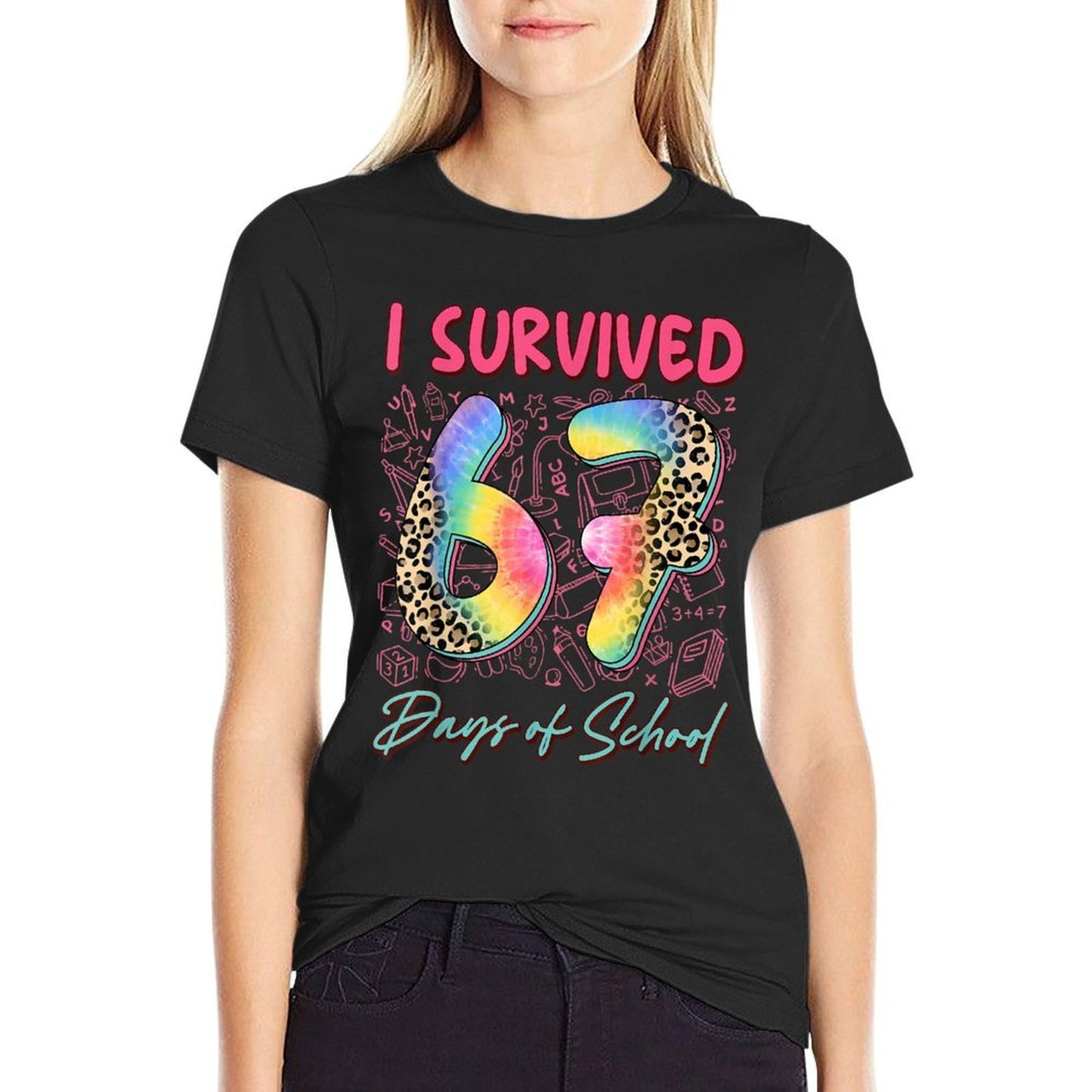 I Survived 67 Day of School Funny 6 7 Teach Student Leopard  Soft T-Shirt