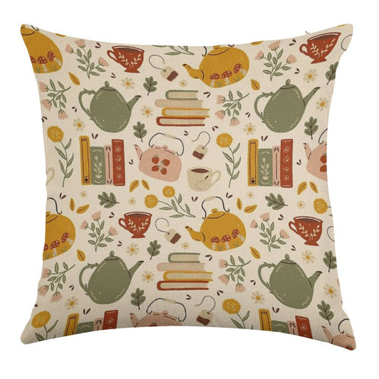 Flowery Books And Tea Linen Throw Pillow Cover