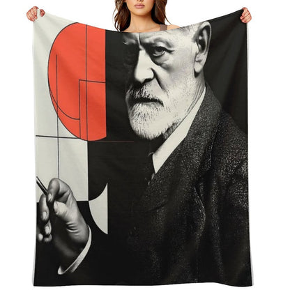 Psychoanalysis Portrait Art – Freud with Abstract Red Geometry Throw Blanket