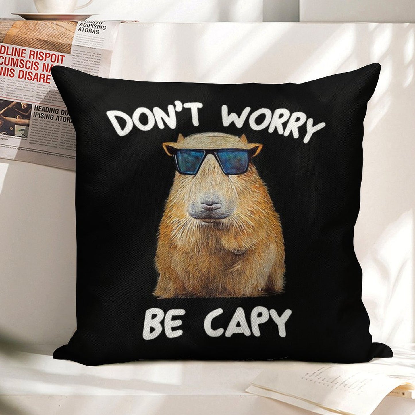 Funny Capybara Dont Worry Be Capy Funny Rodent Linen Throw Pillow Cover