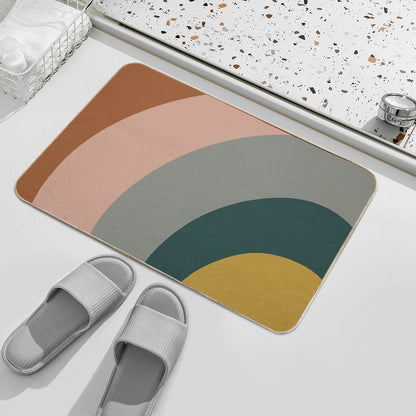 Sound Waves Minimalist Pattern in Mustard Yellow, Teal, Grey, Blush Pink, And Rust Bath Mat