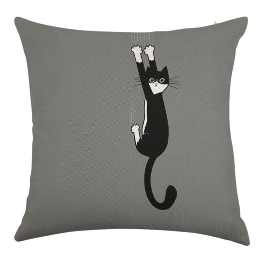 Black And White Cat Hanging On  Funny Tuxedo Cat Linen Throw Pillow Cover