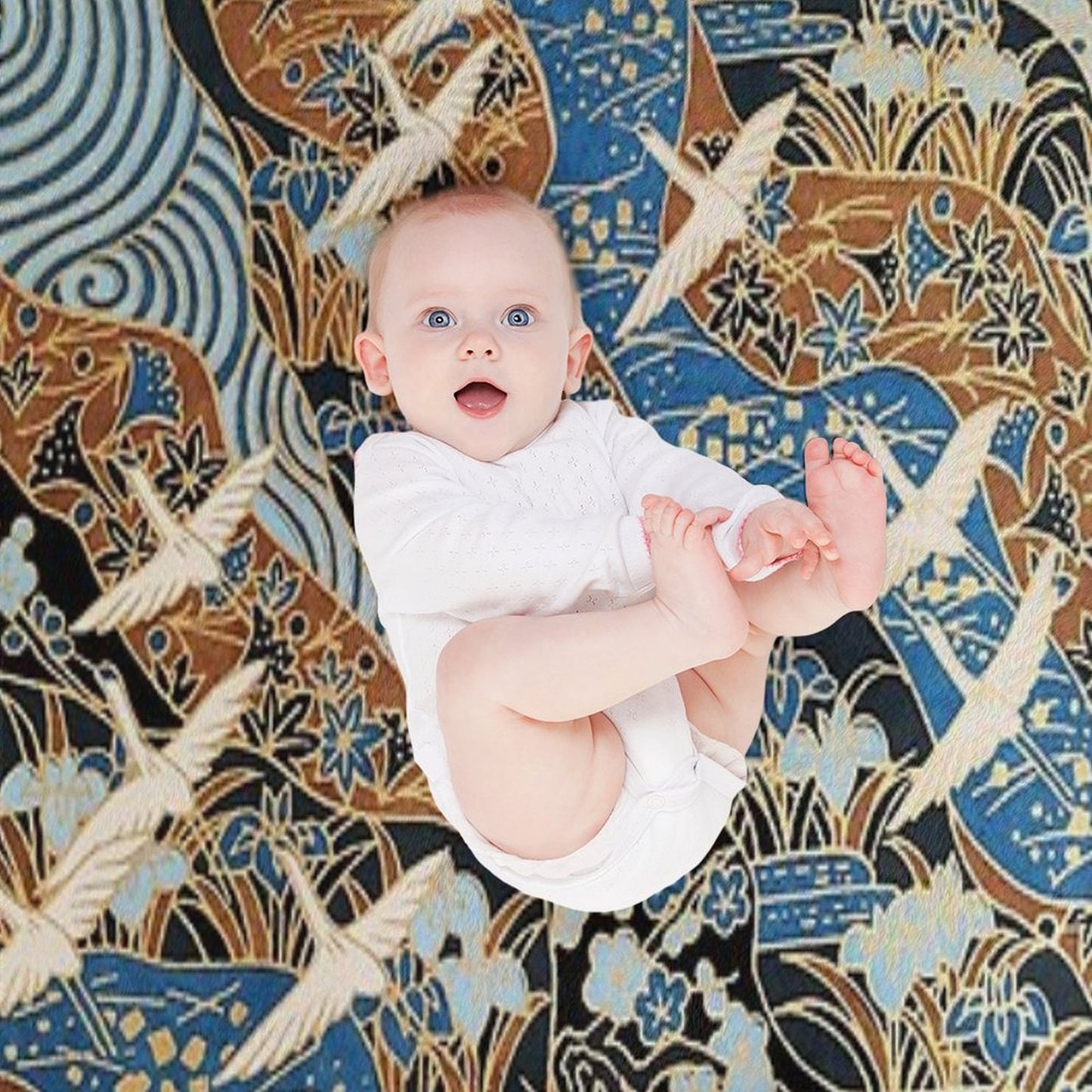 FLYING WHITE CRANES ON BLUE WATER AND SPRING FLOWERS  Antique Japanese Floral Throw Blanket