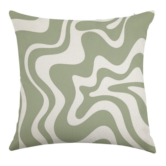 Liquid Swirl Contemporary Abstract Pattern in Sage Green And White Linen Throw Pillow Cover