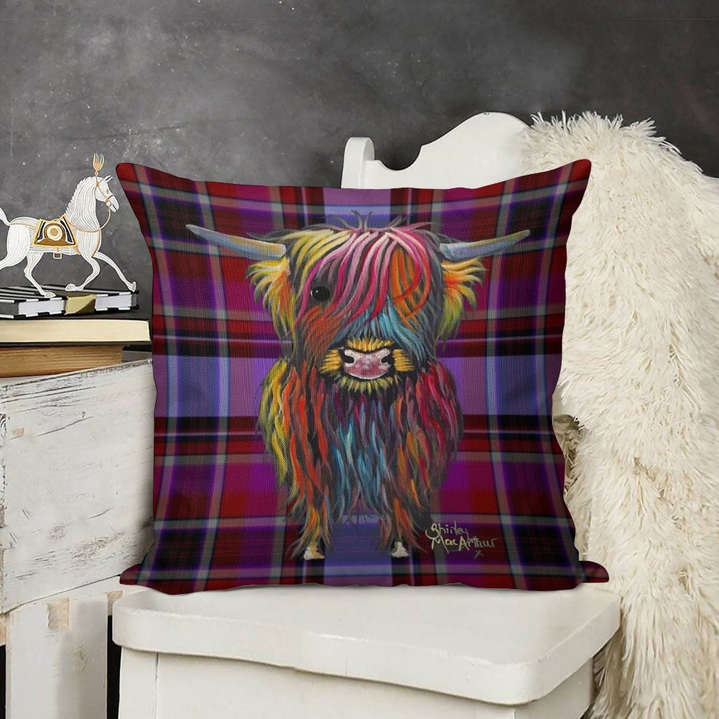 SCoTTiSH HiGHLaND CoW ' TaRTaN BRaVe ONe ' by SHiRLeY MacARTHuR Linen Throw Pillow Cover