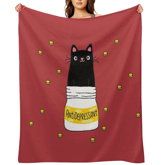 FUR ANTIDEPRESSANT . Cute Black Cat Illustration. A Gift for A Pet Lover. Throw Blanket