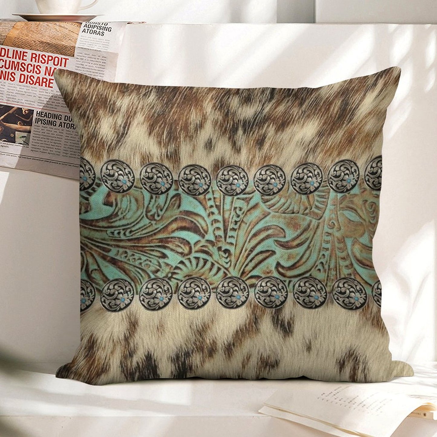 Rustic Brown Beige Teal Western Country Cowboy Fashion Linen Throw Pillow Cover