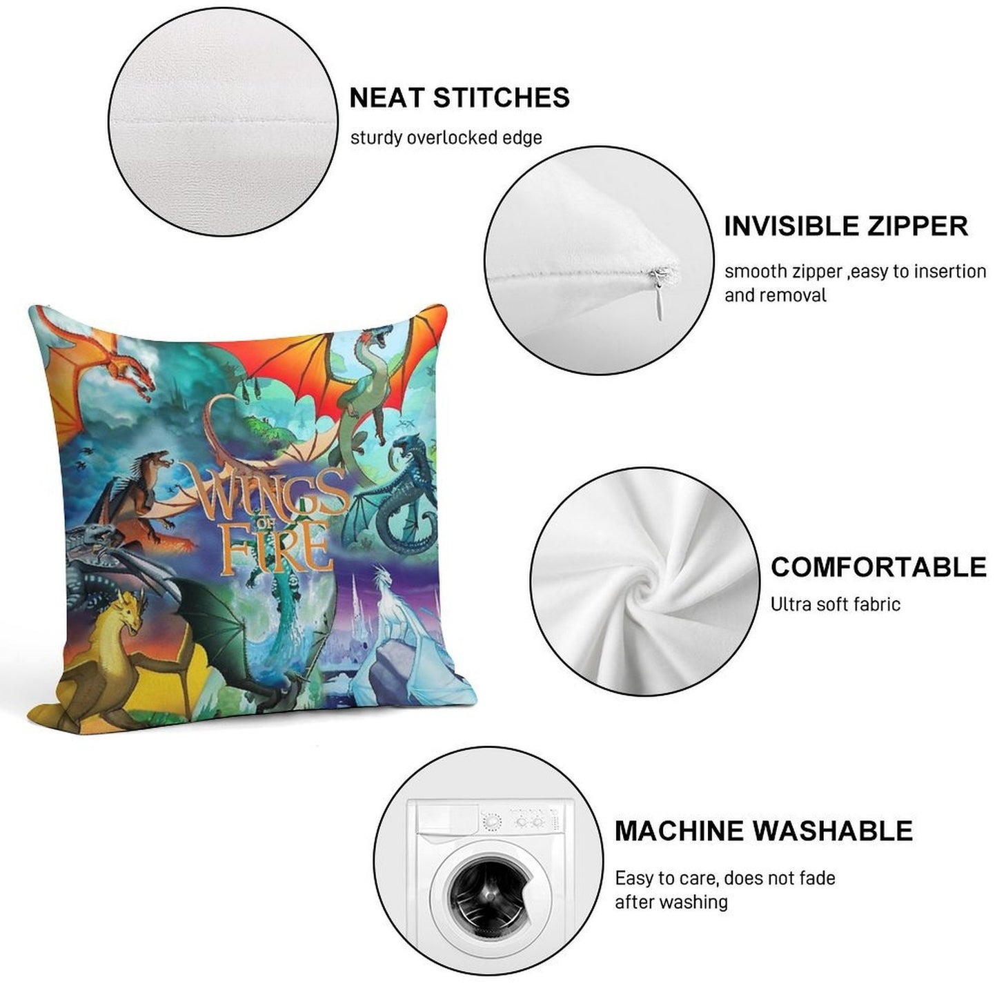 Wings of Fire All Dragon Series Soft Hidden Zipper Throw Pillow