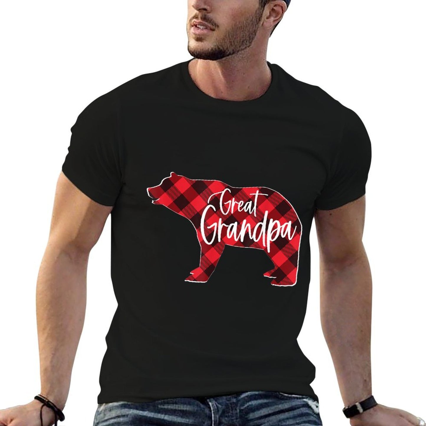 Mens Red Buffalo Plaid Great Grandpa Bear Matching Family Xmas  Fade-proof Color T-Shirt