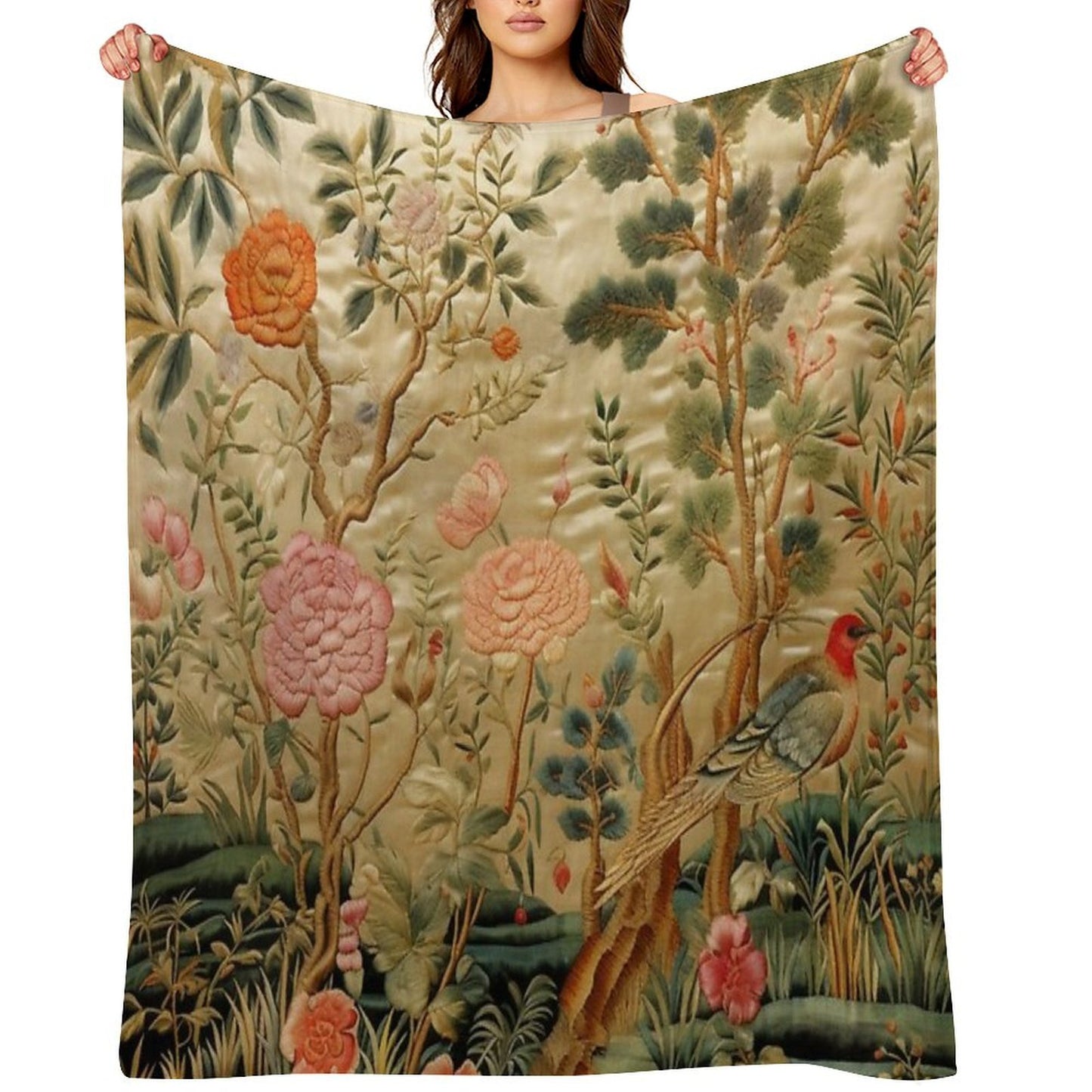 Silk Floral Birds Carpet Throw Blanket