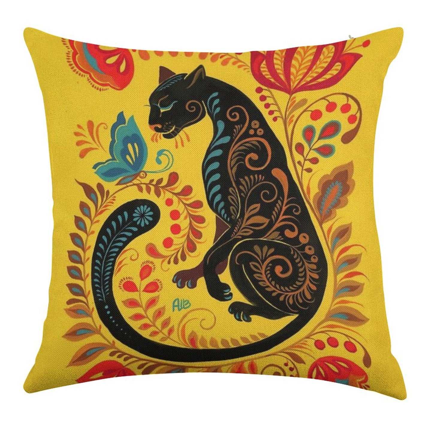 Panther & Butterfly Folk Art Linen Throw Pillow Cover