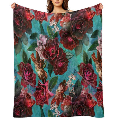 Turquoise Vintage Summer Roses Botanical Garden NightGarden Throw Blanket