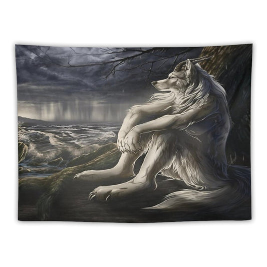 Emo White Wolf Sitting Sad Meme Tapestry