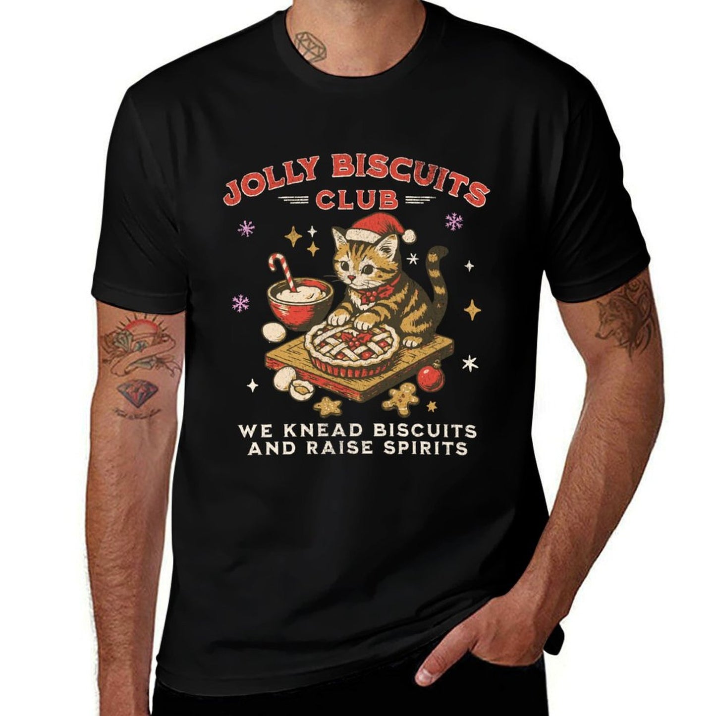 Jolly Biscuits Club  Vintage Christmas Cat Baker Design  Summer-ready Fabric T-Shirt