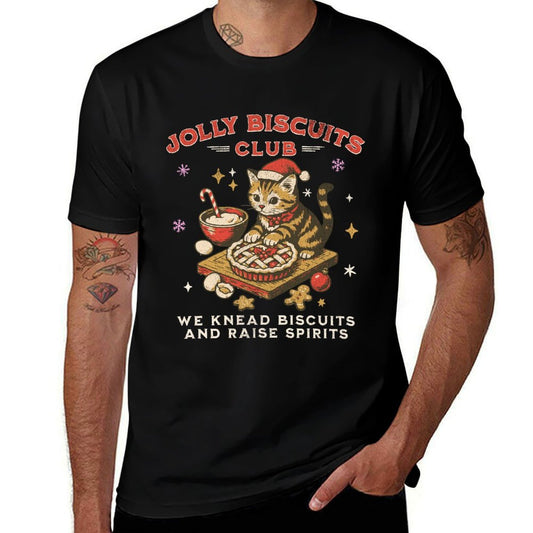 Jolly Biscuits Club  Vintage Christmas Cat Baker Design  Summer-ready Fabric T-Shirt